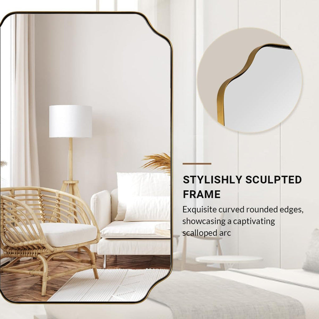 ANDY STAR 24'x30' Brushed Gold Bathroom Mirror, Rectangle Mirror for Bathroom, Champagne Bronze Mirror in Rustproof Stainless Steel Thin Frame, Elegant Scalloped Edge Design, Ideal for Home Remodel