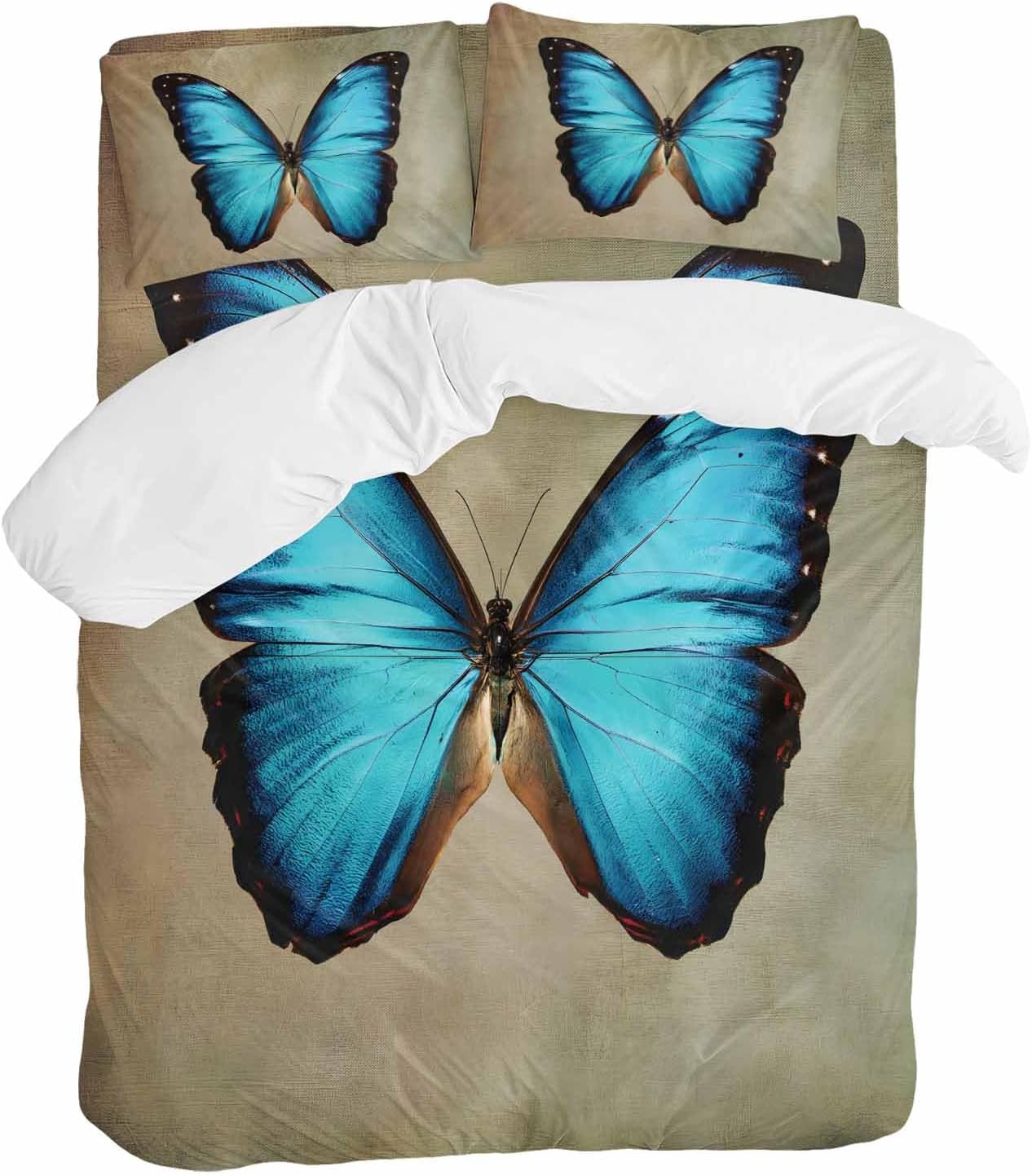 Prime Leader Blue Butterfly Duvet Cover Set Queen Size 4 Pieces Vintage Brown Retro Bug Farm Bedding Set with Zipper Closure, 1 Comforter Cover 92x106 Inches 1 Flat Sheet & 2 Pillow Cases