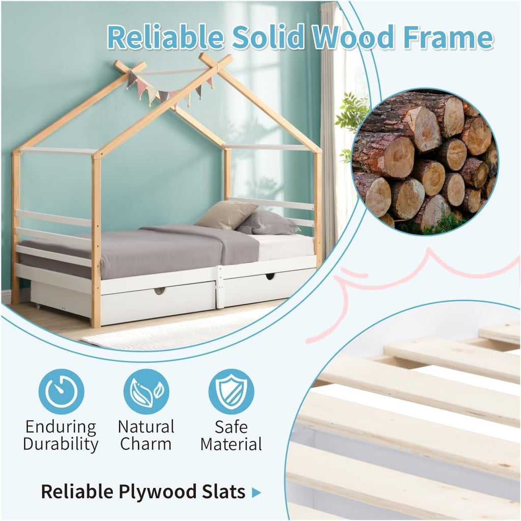 Twin Size House Bed with Storage Drawers for Kid Bedroom, Twin Wood Bed Frames for Boys Girls, Playhouse Platform Bed Frame with Roof, No Box Spring Needed, 78.13' L x 41.3' W x 70' H