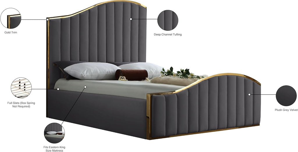 Meridian Furniture Jolie Collection Modern | Contemporary Velvet Upholstered Bed With Channel Tufting, And Polished Gold Metal Frame, Grey, King