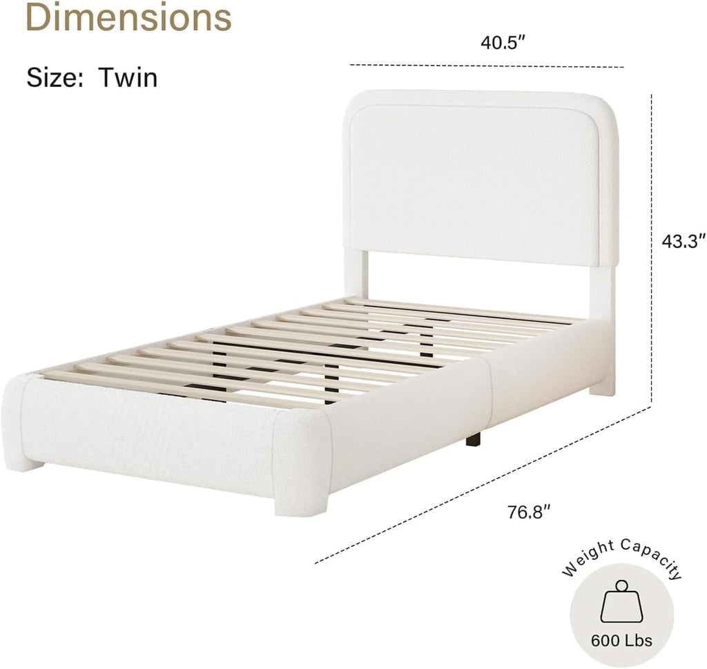 BarnFurin Twin Bed Frames with Headboard,Cloud Boucle Upholstered Platform Bed, Soft Rounded Corners, No Box Spring Needed, Non-Slip and Noise-Free, Easy Assembly, White
