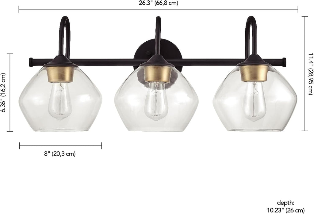Globe Electric 51853 3-Light Vanity Light, Dark Bronze, Antique Brass Accents, Clear Glass Shade, Beauty Room Accessories, Bathroom Lights Over Mirror, Makeup Mirror Lights, Bulb Not Included