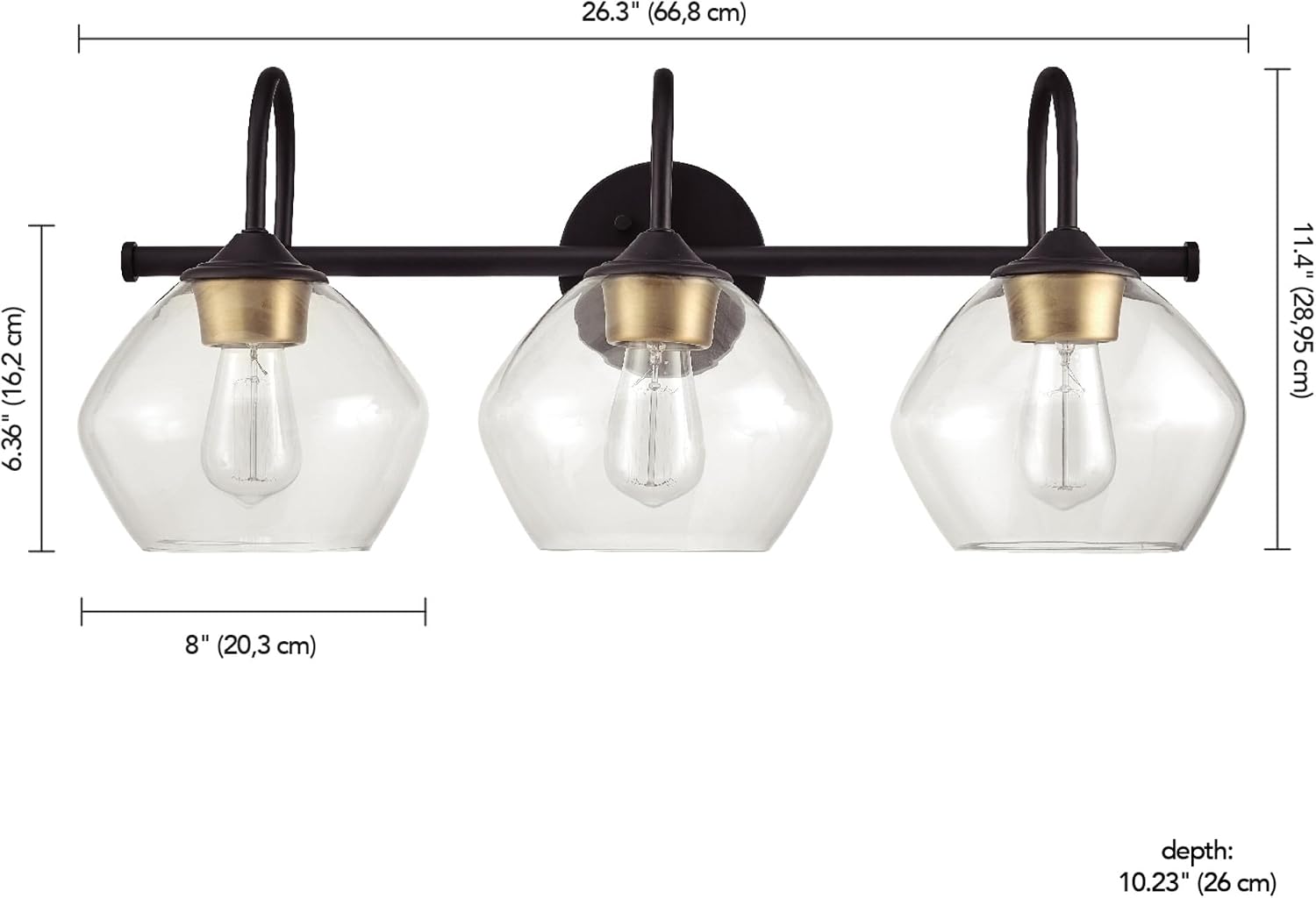 Globe Electric 51853 3-Light Vanity Light, Dark Bronze, Antique Brass Accents, Clear Glass Shade, Beauty Room Accessories, Bathroom Lights Over Mirror, Makeup Mirror Lights, Bulb Not Included