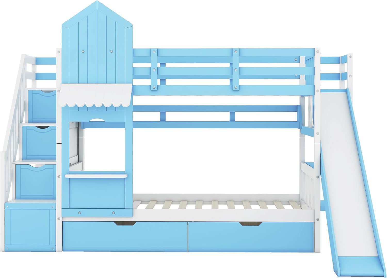 Harper & Bright Designs Twin Over Twin Bunk Bed with Stairs and Slide, Solid Wood Bunk Bed Frame with Storage Drawers and Bookshelf, for Kids Teens Girls Boys (Blue)
