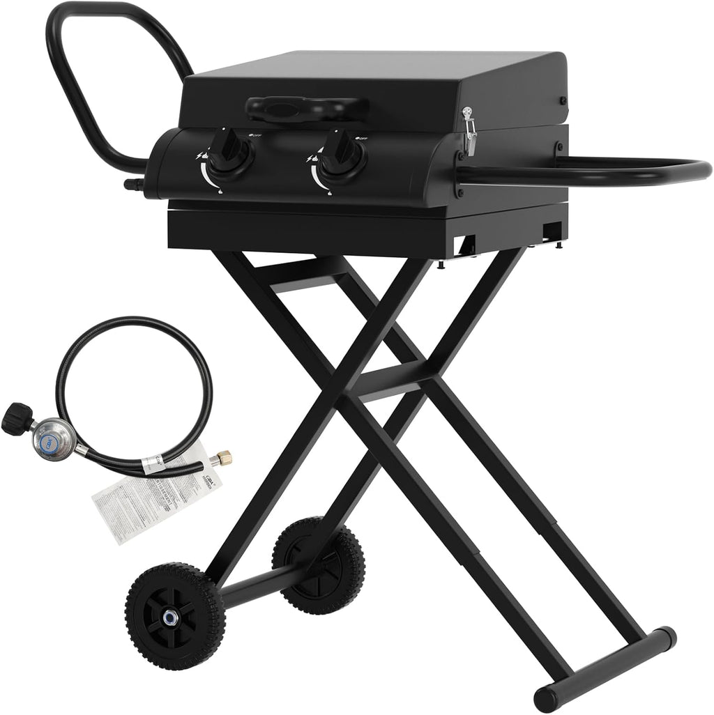 Portable Propane Griddle Grill with Hood, Side Shelf, & Adjustable Heat Zones - Folding Gas Grill for Outdoor Cooking Patio Backyard Camping RV Tailgating