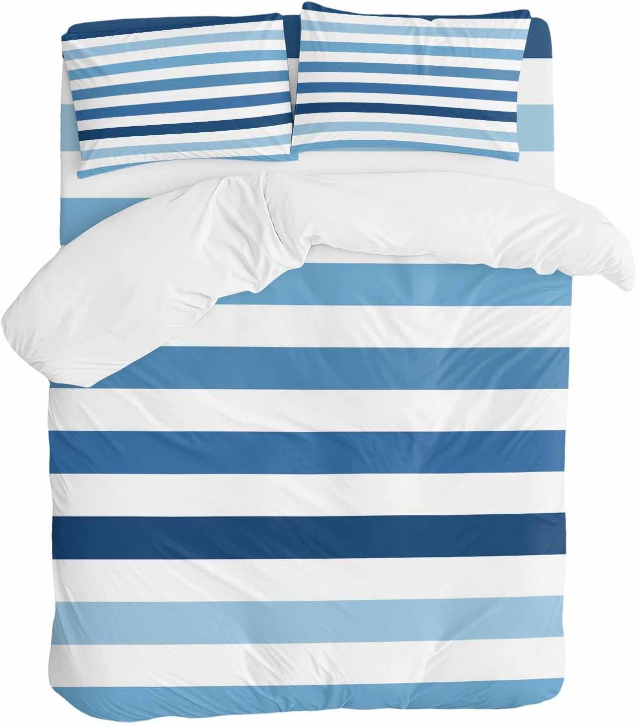 Prime Leader Gradient Blue White Striped Duvet Cover Set Queen Size 4 Pieces Modern Minimalist Lines Bedding Set with Zipper Closure, 1 Comforter Cover 86x86 Inches 1 Flat Sheet & 2 Pillow Cases