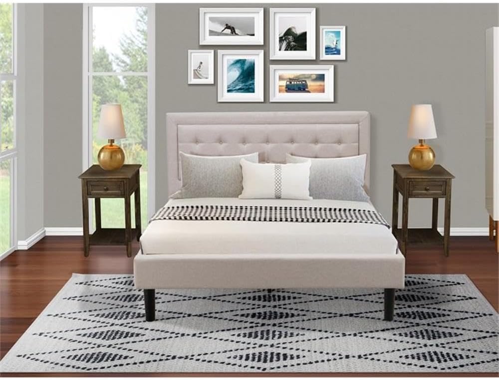 East West Furniture FN08Q-2DE07 3-Piece Platform Queen Bed Set Furniture with 1 Platform Bed and 2 End Tables - Reliable and Sturdy Construction - Mist Beige Linen Fabric