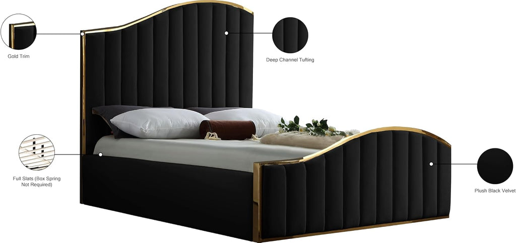 Meridian Furniture Jolie Collection Modern | Contemporary Velvet Upholstered Bed With Channel Tufting, And Polished Gold Metal Frame, Black, Queen