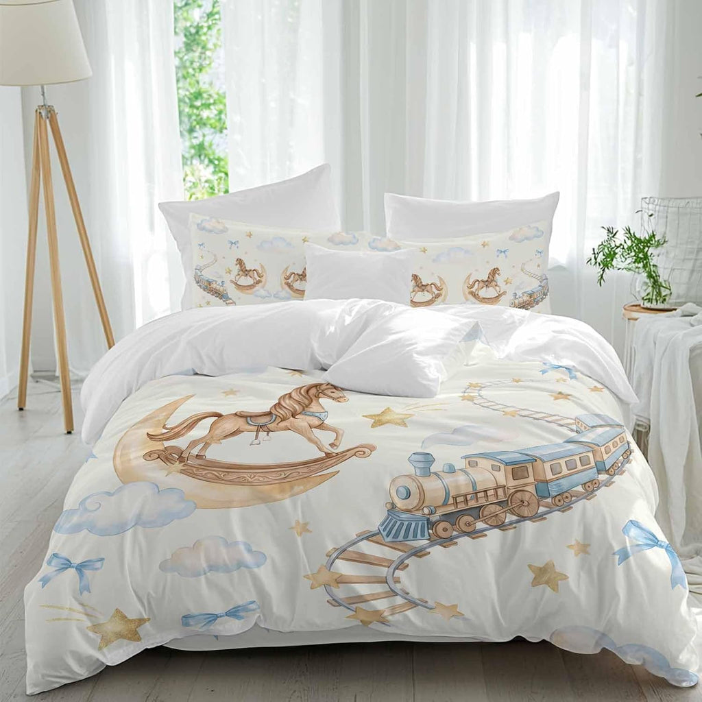 Horses Stars Duvet Cover Set Queen Size 4 Pieces Trains Rail Orbits Cloud Moon Blue Bow Yellow Bedding Set with Zipper Closure, 1 Comforter Cover 90x92 Inches 1 Flat Sheet & 2 Pillow Cases