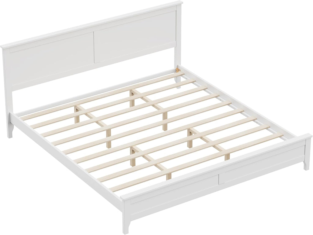 King Size Wood Bed Frame and Headboard, Modern Retro White Platform Beds Frames, Sturdy and Durable Design Rustic Wooden Bedroom Set, Easy Assembly, No Box Spring Needed (White, King)