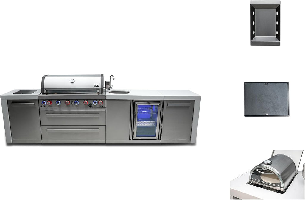 Mont Alpi Premium 132'W Deluxe Stainless Steel Outdoor Kitchen Island with Beverage Center Refrigerator Faucet & Sink + 44'W 6-Burner BBQ Grill + Griddle Plate + Charcoal Tray + Side Burner Pizza Oven