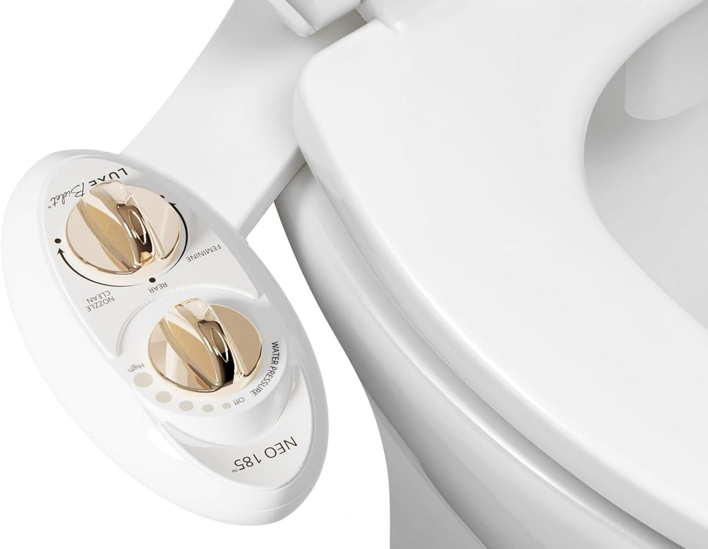 LUXE Bidet NEO 185 Gold Bidet Attachment, Comfort Soft Footstool, Toilet Seat Bumpers, and Water Filter Gift Set