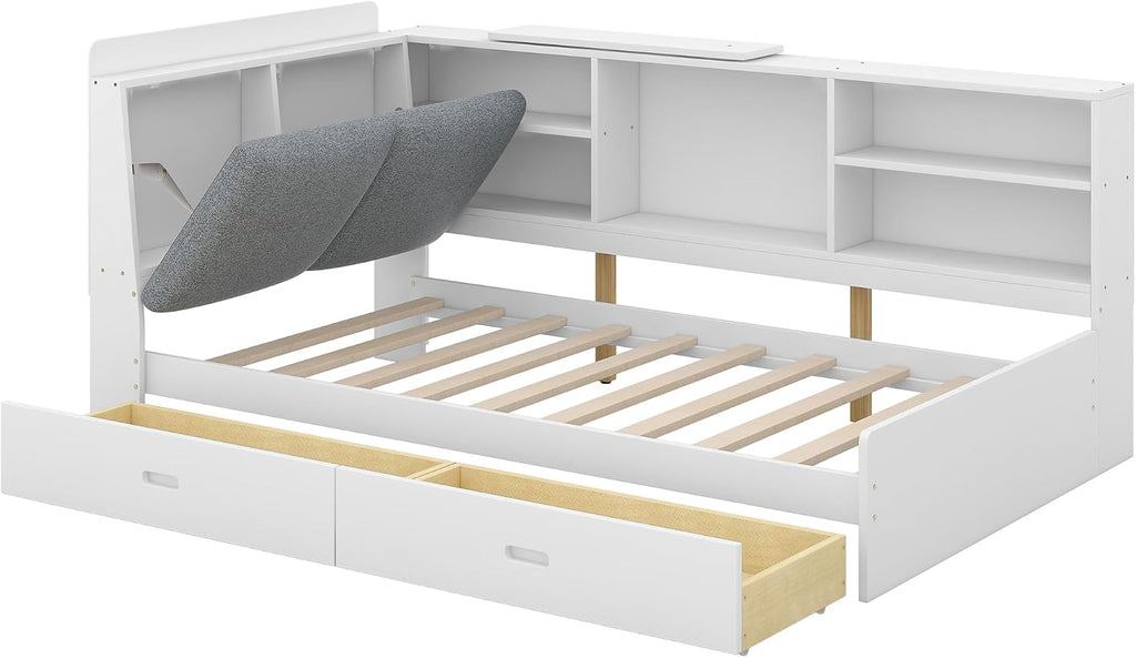Bellemave Twin Corner Bed Frame, Captains Bedframe, Wood Twin Size Daybed with L-Shaped Bookcase and 2 Drawers，Twin Daybeds with Storage Cabinets, White