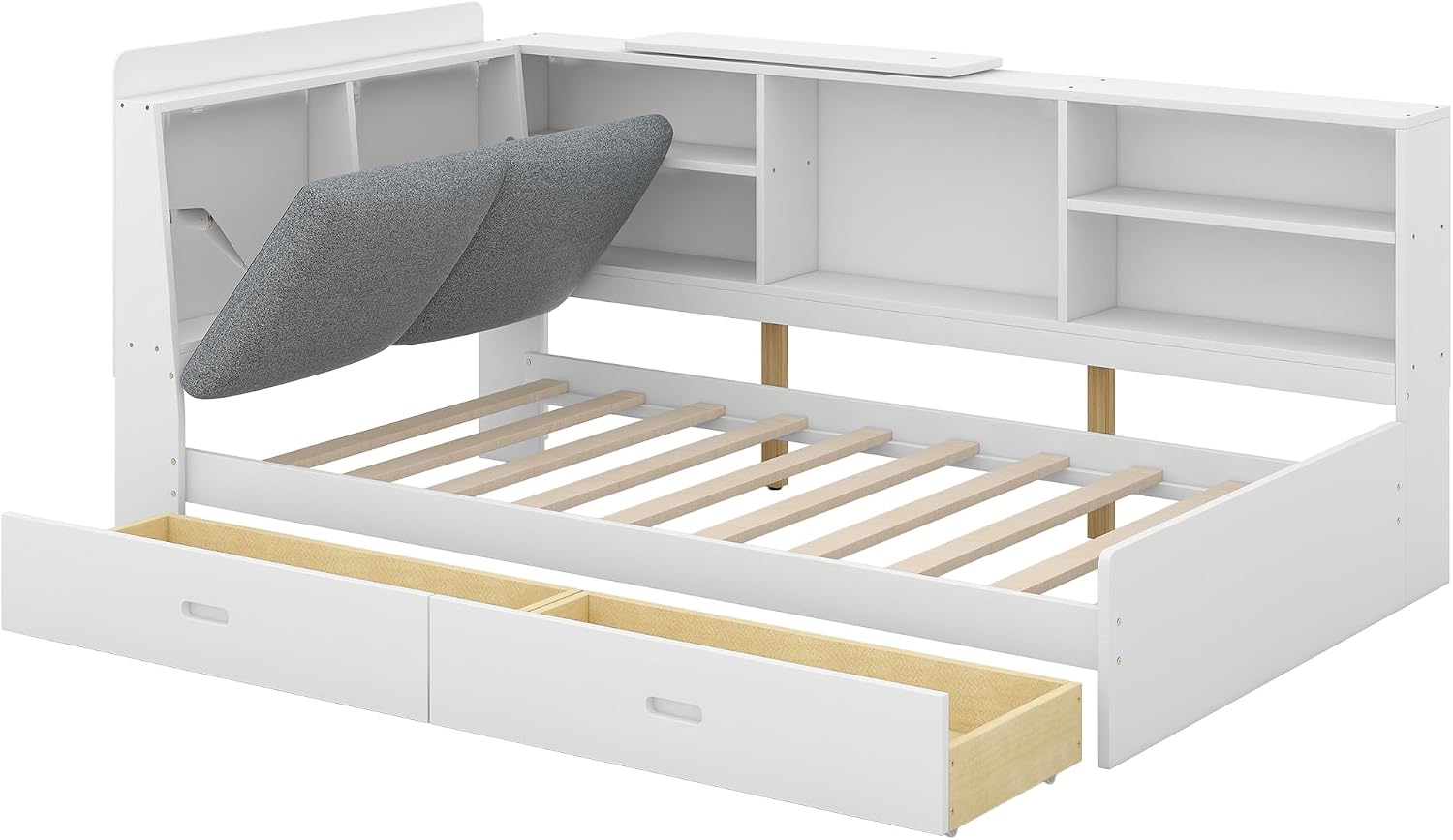 Bellemave Twin Corner Bed Frame, Captains Bedframe, Wood Twin Size Daybed with L-Shaped Bookcase and 2 Drawers，Twin Daybeds with Storage Cabinets, White