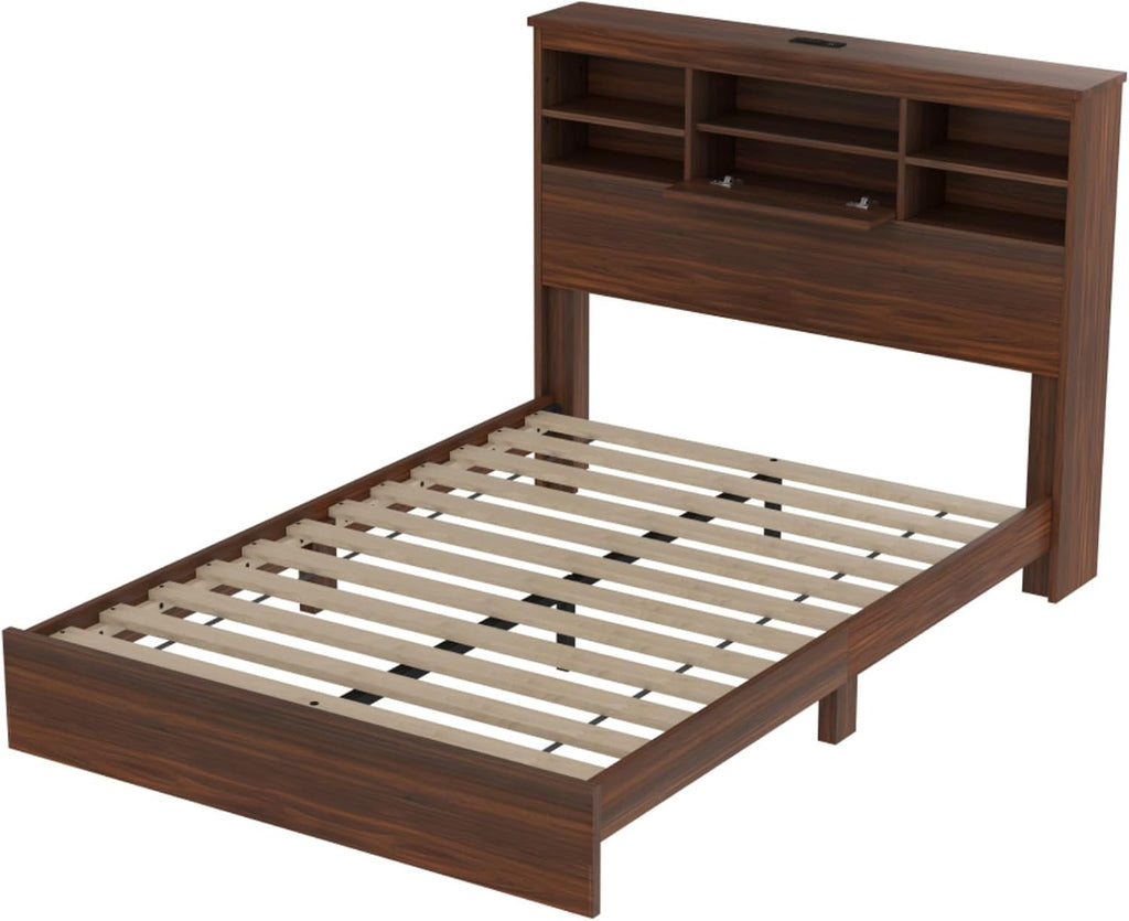 4-Pieces Queen Size Bedroom Set, Platform Bed Frame with Storage Headboard USB-Port, 1 Dresser with 5 Cabinet Drawers and 2 Nightstands with 2 Drawers, for Boys Girls Adults, Walnut
