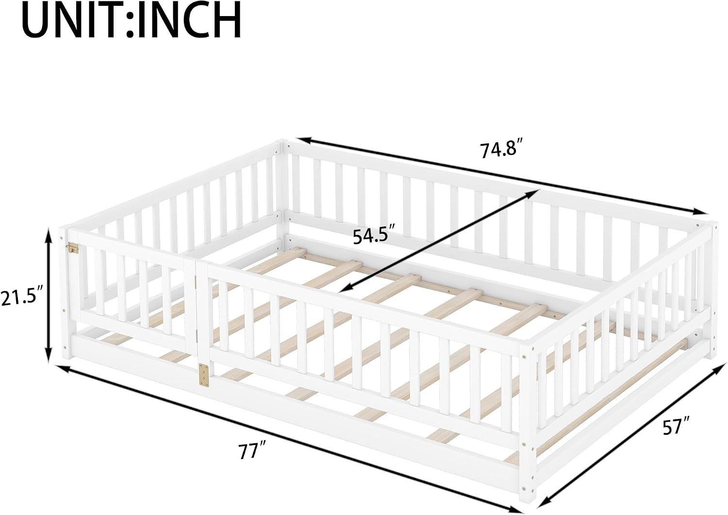 Platform Bed with Fence and Doors,Wood Floor Bed Frame for Bedroom,No Box Spring Needed (White, Full)