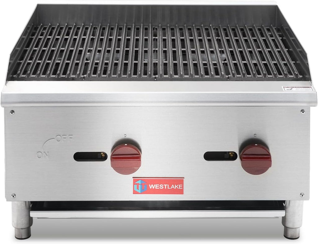 WESTLAKE 24'W Commercial Charbroiler Gas Countertop 2 Burner Natural Gas and Propane 60,000 BTU Char Broiler Stainless Steel BBQ Stove Grill for Restaurants