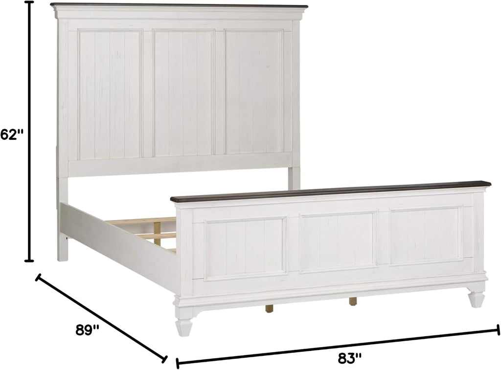 Liberty Furniture Allyson Park King Panel Bed, Dresser & Mirror, Night Stand Cottage Bedroom Furniture Set - Wirebrushed White w/Charcoal Tops