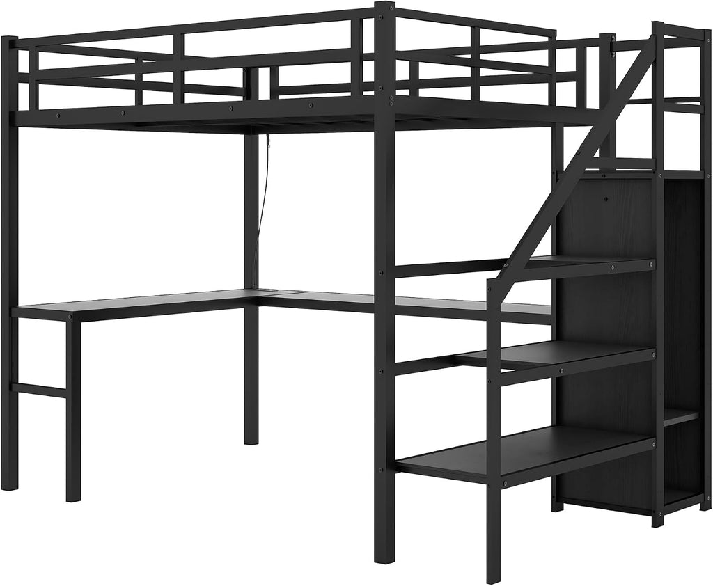 Ball & Cast Twin XL Size High Loft Bed with LED Light Strip & USB,Metal Bedframe W/L-Shape Desk & Built-in Storage Staircase,Wardrobe & Adjustable Shelf,Bedroom Furniture Set for Kid Teen Adult,Black
