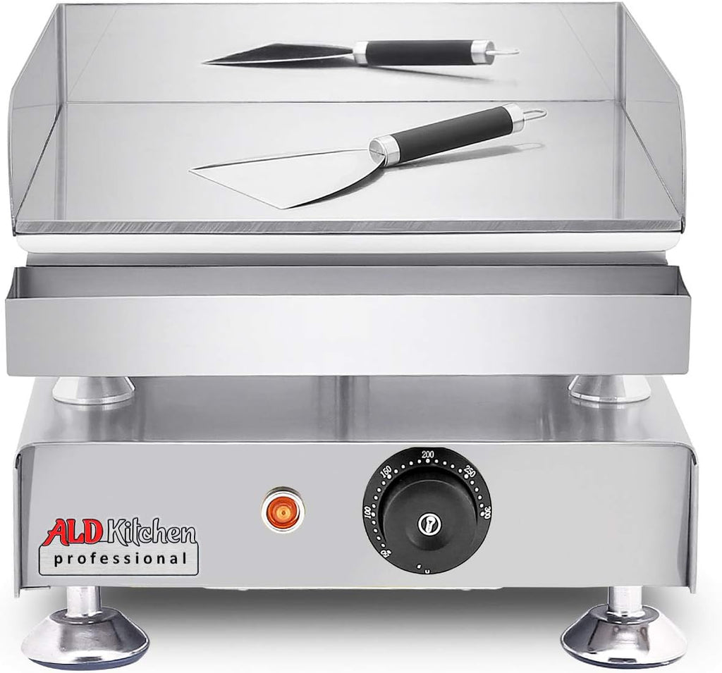 Commercial Electric Griddle, 2000W 110V, 14'×16' Plate, Adjustable Thermostat, Stainless Body with Grease Drawer