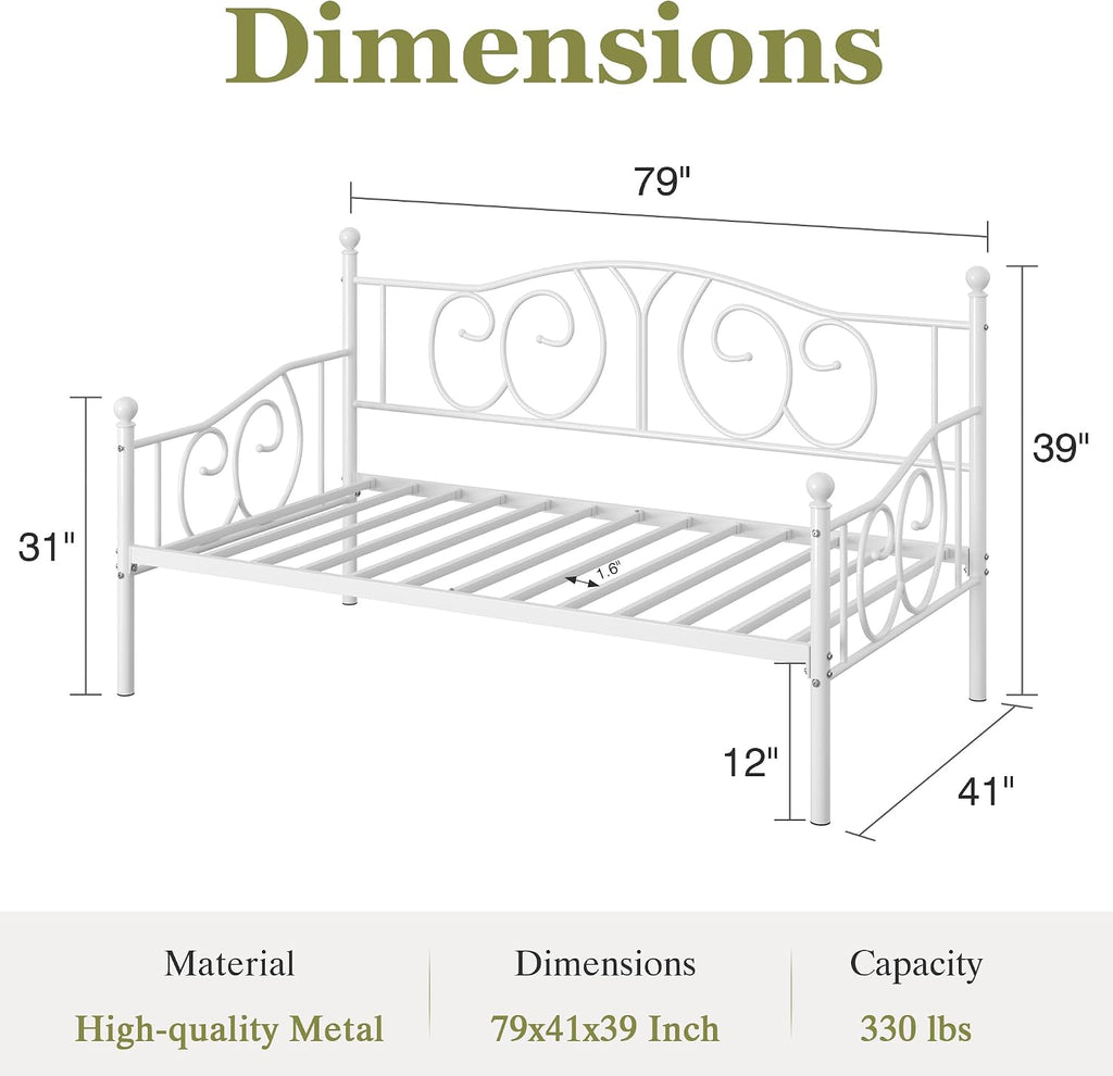 VECELO Metal Daybed Frame Multifunctional Platform Bed Sofa Mattress Foundation with Deluxe Headboard, Twin, White