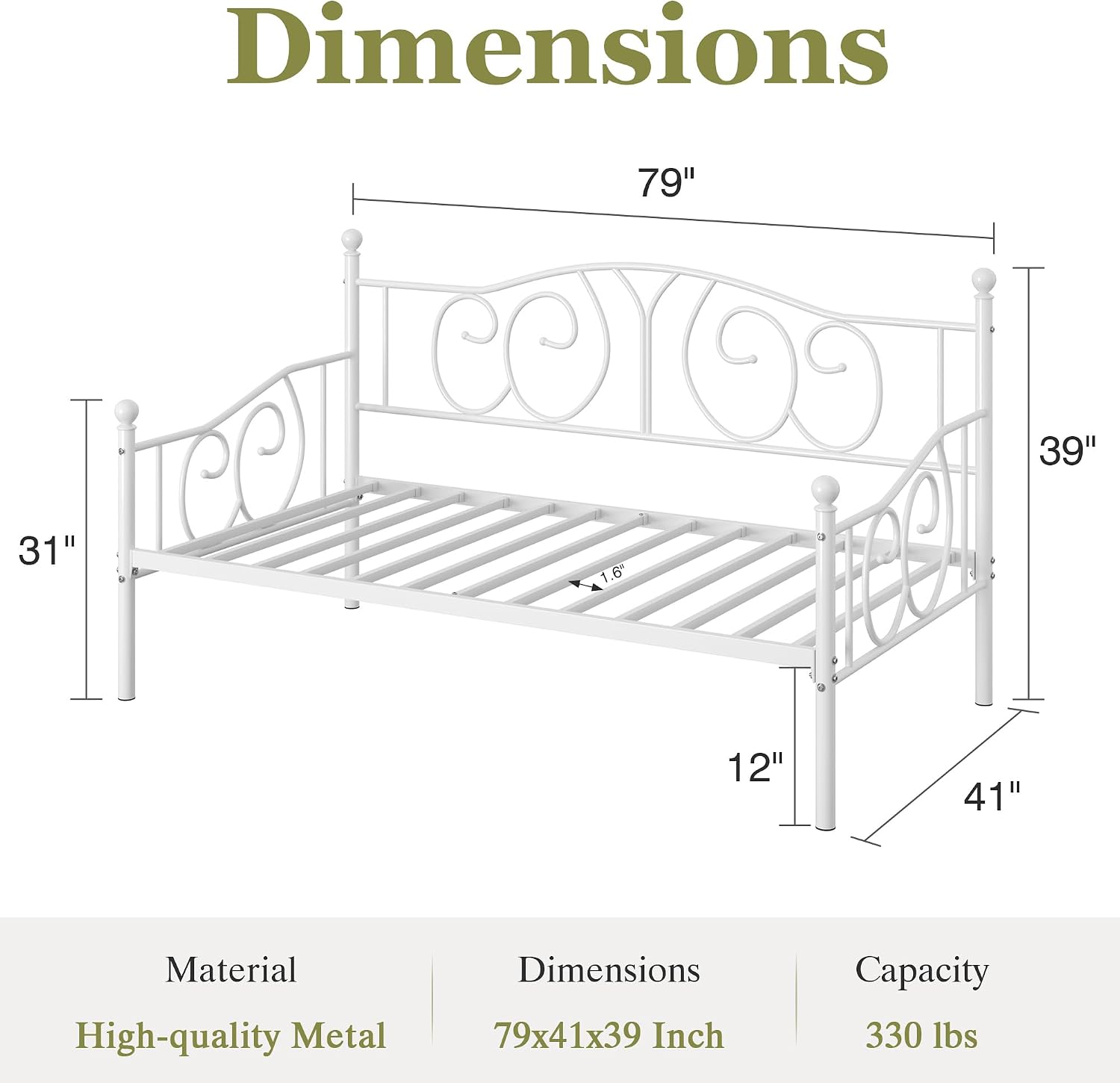VECELO Metal Daybed Frame Multifunctional Platform Bed Sofa Mattress Foundation with Deluxe Headboard, Twin, White