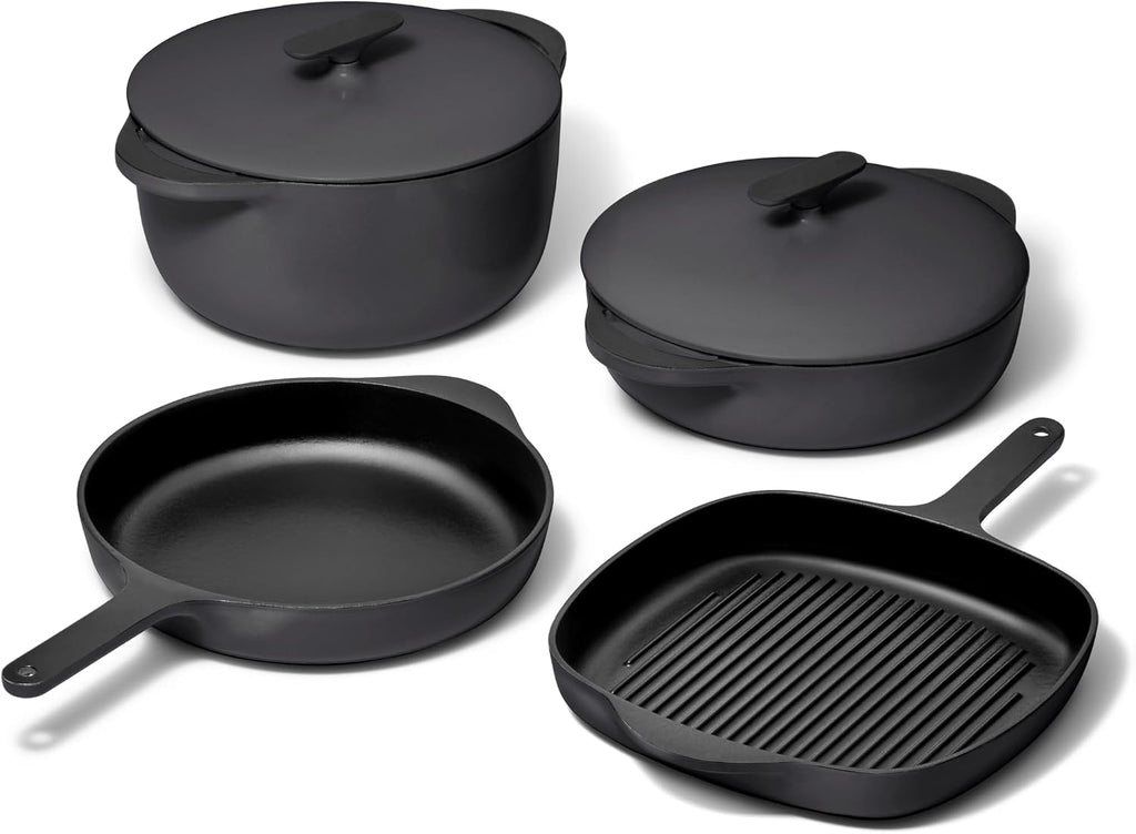 Caraway 8-Piece Enameled Cast Iron Set - 10.5' Skillet, Grill Pan, 3.5 qt Braiser Pan, 6.5 qt Dutch Oven with Lid and Organizers - Non-Toxic 3-Layer Enamel Coating - No Seasoning Required - Charcoal