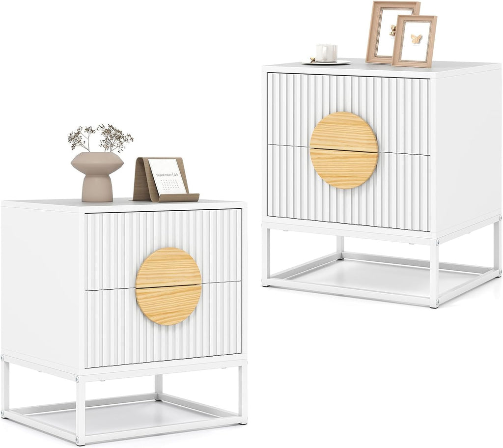 Giantex Fluted Nightstand with 2 Drawers Set of 2, White Wood Bedside Table with Natural Circle Handle & Metal Frame, Minimalist Accent End Table, Modern Mid Century Night Stand for Bedroom