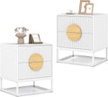 Giantex Fluted Nightstand with 2 Drawers Set of 2, White Wood Bedside Table with Natural Circle Handle & Metal Frame, Minimalist Accent End Table, Modern Mid Century Night Stand for Bedroom