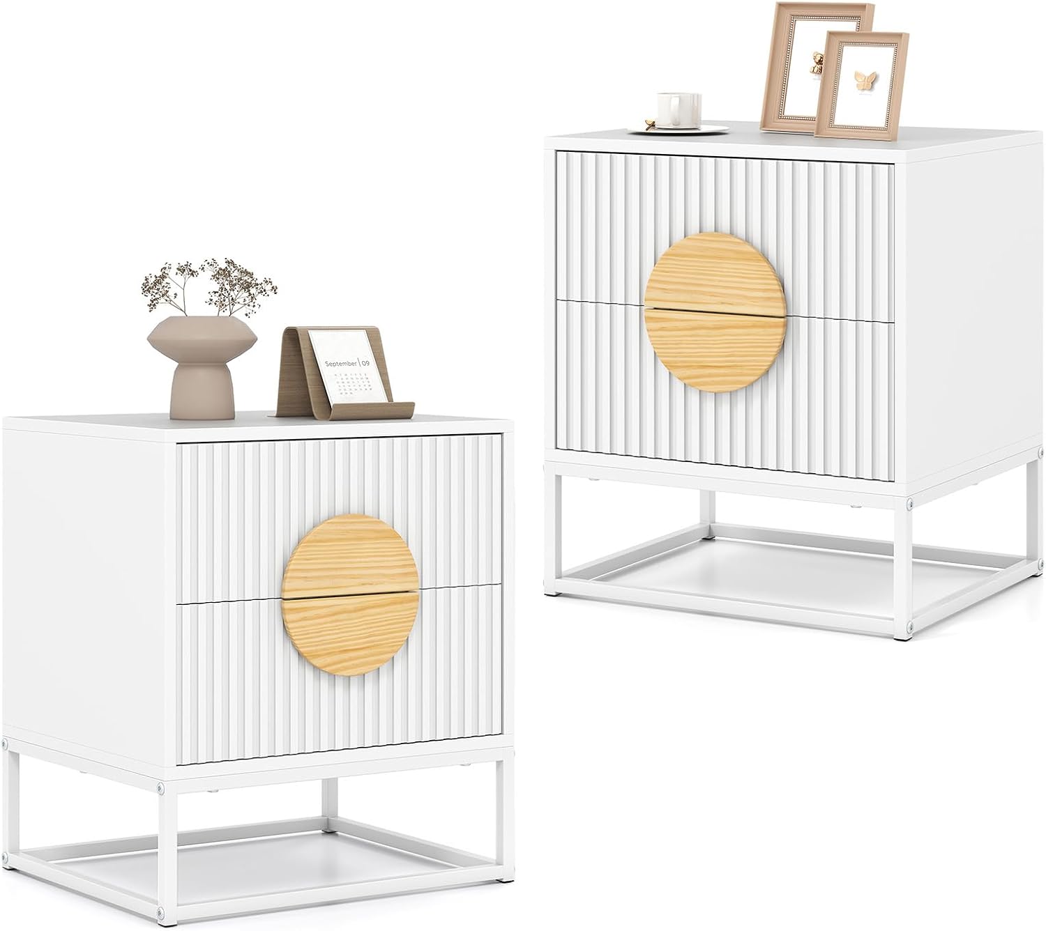 Giantex Fluted Nightstand with 2 Drawers Set of 2, White Wood Bedside Table with Natural Circle Handle & Metal Frame, Minimalist Accent End Table, Modern Mid Century Night Stand for Bedroom