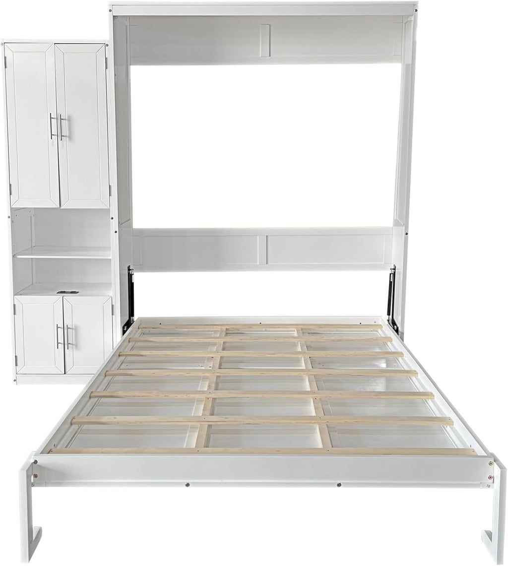 PVWIIK Queen Murphy Cabinet Bed with Desk & Storage Shelf for Adult Boys Girls Bedroom Guest Room Living Room,Wall Bedframe Folding into Cabinet Design,White