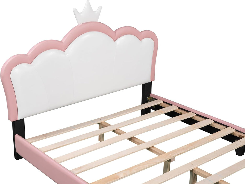 Full Size Princess Bed Frame with Crown Shaped Headboard for Kids,Upholstered Platform Bed with Slats Support,Pink Girls Bed,Full Bed for Girls Teens,Pink