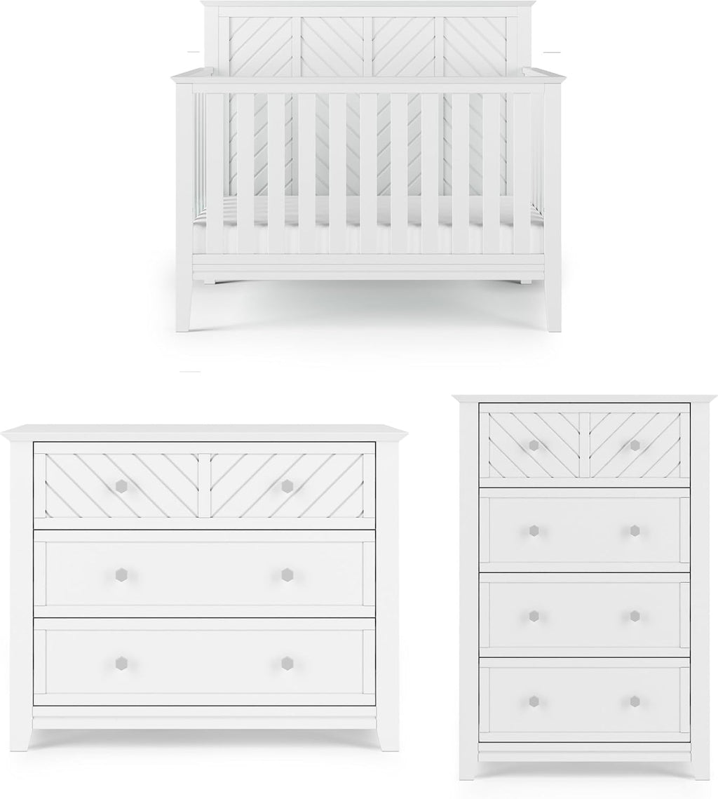 Child Craft Atwood Design 4-in-1 Convertible Baby Crib Nursery Furniture Set, Baby Bed, 3 Drawer Dresser and Chest Drawer, for Babies, Toddlers and Kids Bedroom (3 Piece - Matte White)