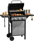 3 Burners Propane Gas Grill, Stainless Steel BBQ Grill with Porcelain-Enameled Cast Iron Grates, 28,500 BTU Outdoor Patio Barbeque Grill with 2 Foldable Side Tables for Party, Camping, Backyard
