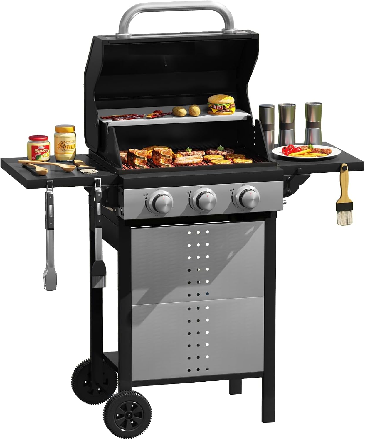 3 Burners Propane Gas Grill, Stainless Steel BBQ Grill with Porcelain-Enameled Cast Iron Grates, 28,500 BTU Outdoor Patio Barbeque Grill with 2 Foldable Side Tables for Party, Camping, Backyard