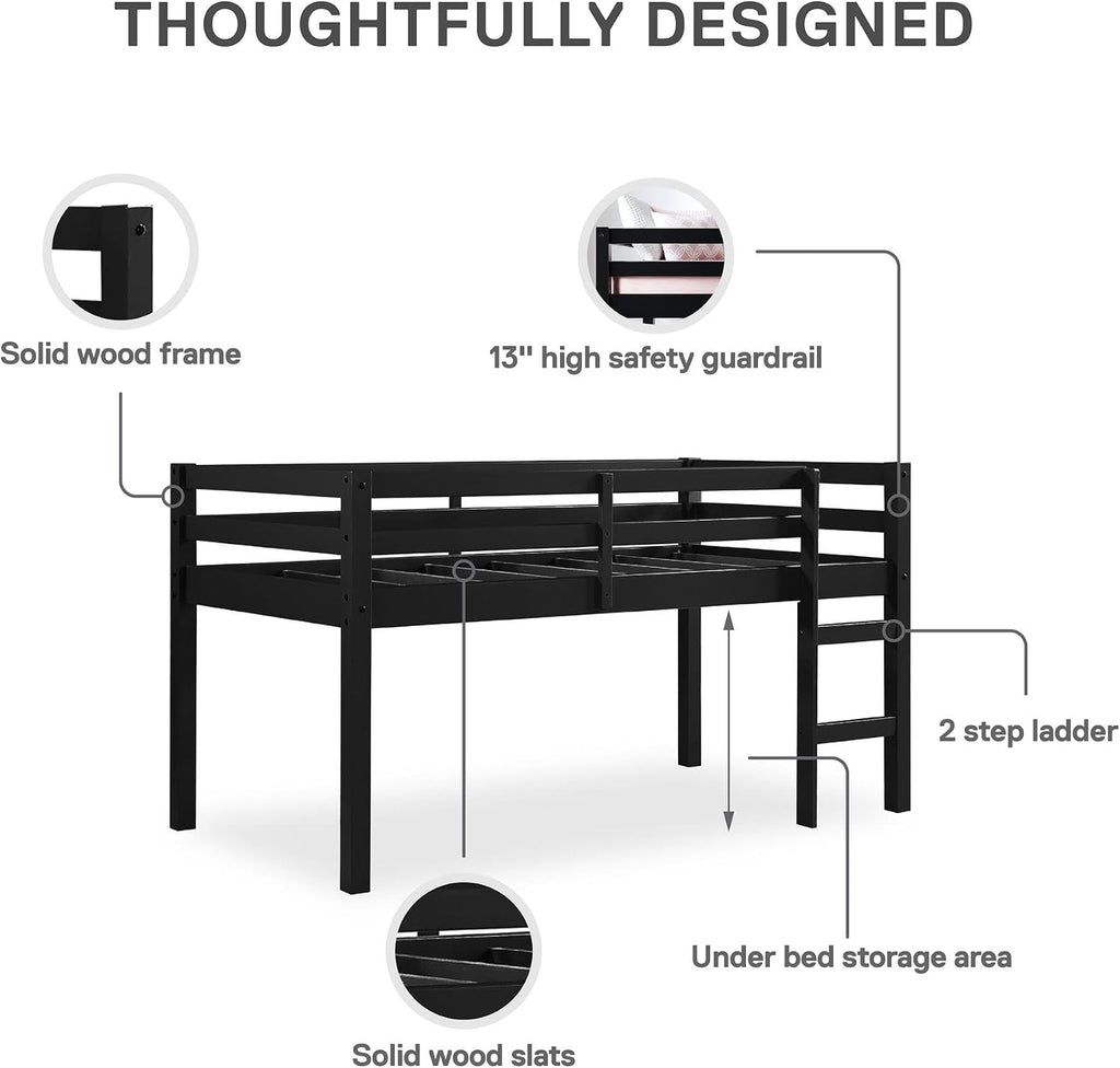 DHP Milton Twin Loft Bed with Safety Guard Rail, Black, Space Saving Junior Size, Pine Wood
