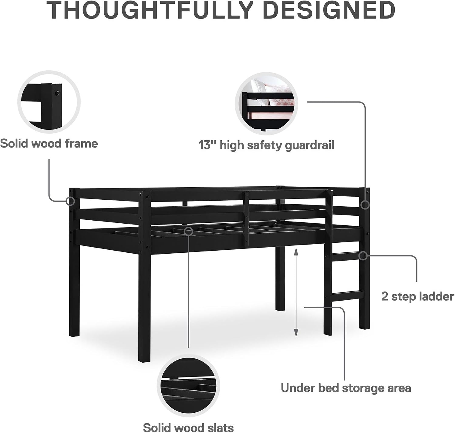 DHP Milton Twin Loft Bed with Safety Guard Rail, Black, Space Saving Junior Size, Pine Wood