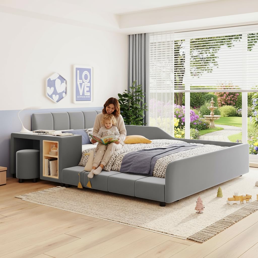 Merax Full Size Upholstered Grounded Bed, Mother & Child Bed with Bedside Desk and Little Round Stool, Velvet, Gray