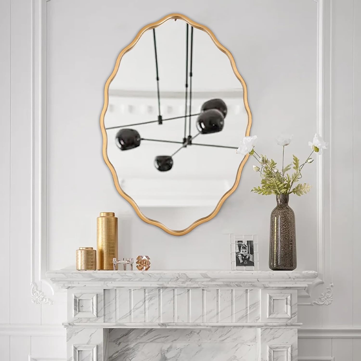 20 * 30 Inch Brushed Gold Oval Ripple Bathroom Mirror Wall Mounted Large Modern Countryside Suitable for Washroom, Bedroom, Living Room, Entryway