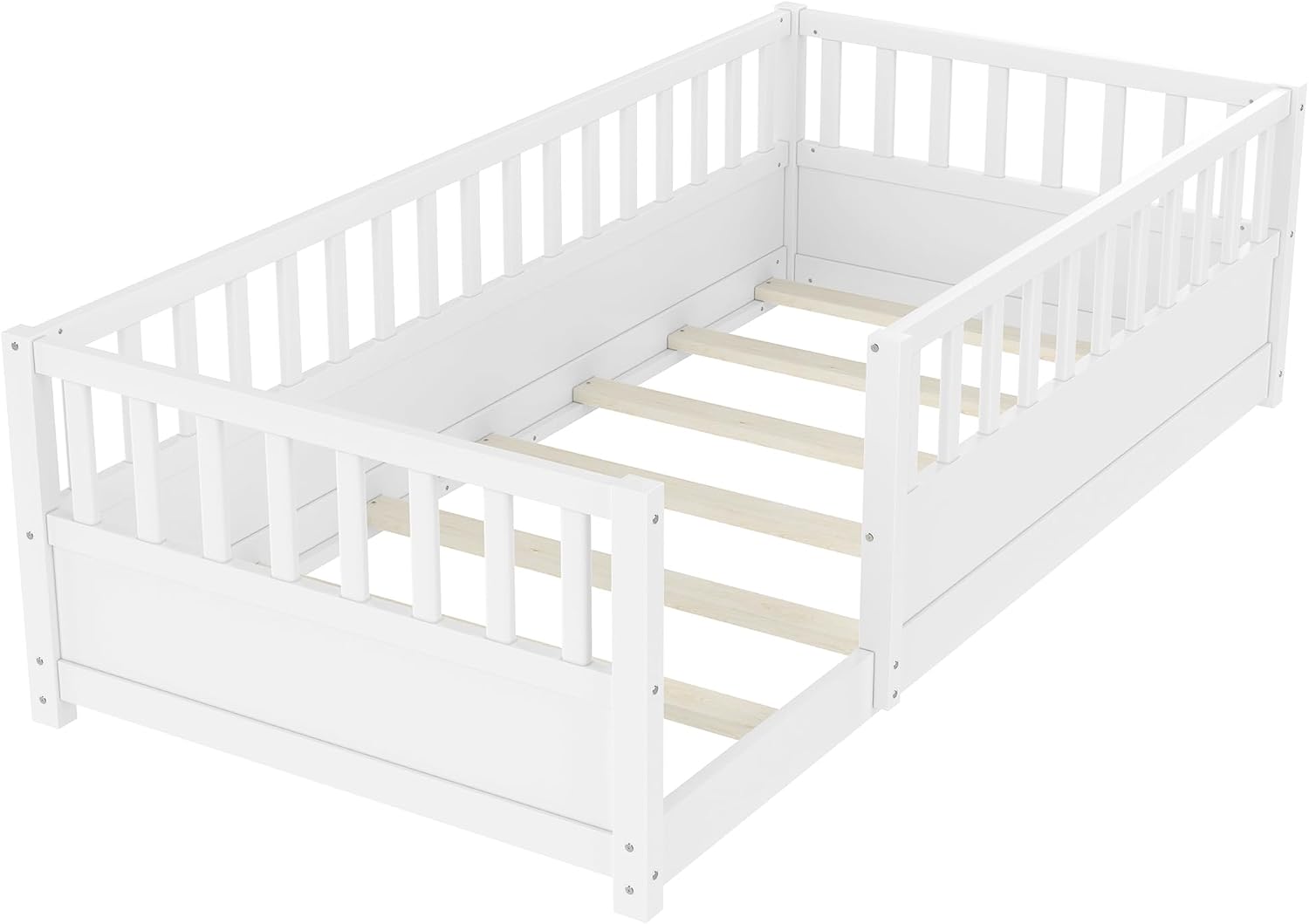 Bellemave Twin Size Montessori Floor Bed with Fence, Easy Assemble Montessori Beds for Kids, Girls, Boys, White