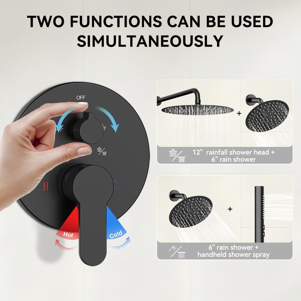 Shower Systems STARBATH 12+6' Round Dual Rainfall Shower Head with Handheld Spray for Two People, Wall Mounted 3 Way Rain Shower Faucet Sets Complete, Included Valve and Trim Kit, Matte Black