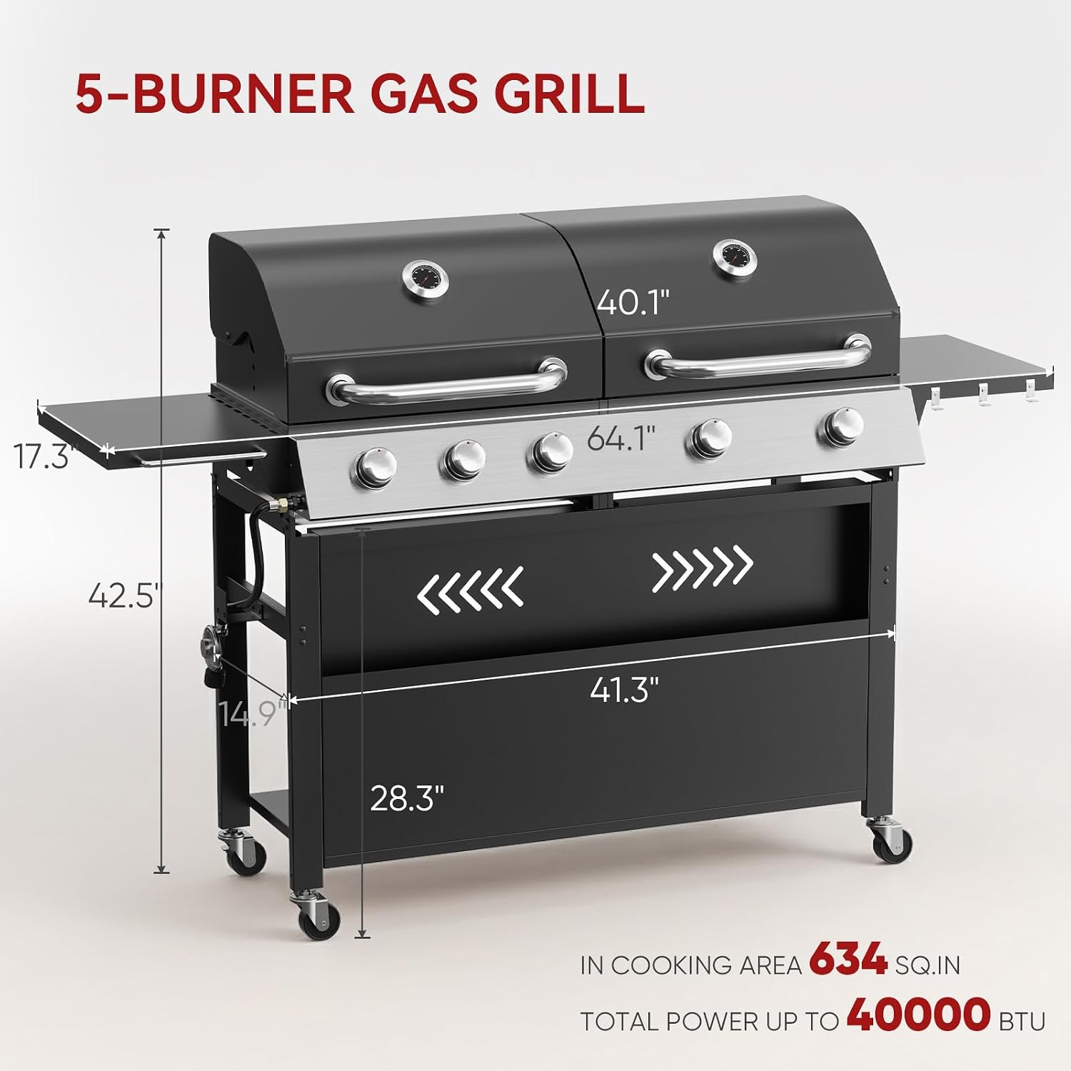 Belord 2-in-1 Grill Griddle Combo, 5 Burner Flat Top Griddle & Grill with 40000 BTU Output, Propane Gas Grill with Enameled Cast Iron Grate & Cast Iron Pan for Outdoor Kitchen, Backyard Barbecue