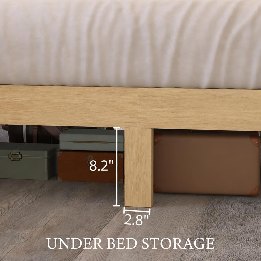 XIAO WEI Fluted Queen Bed Frame with 52.4' Tall Headboard, Bed Frame with Storage Drawers,Wooden Bed Frame with 8' Underbed Storage, No Box Spring Needed,Natural