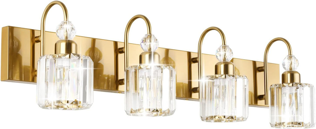 Ralbay Brass Gold Vanity Lights 4-Lights Crystal Bathroom Lighting Fixtures Over Mirror Modern Wall Lighting for Bathroom