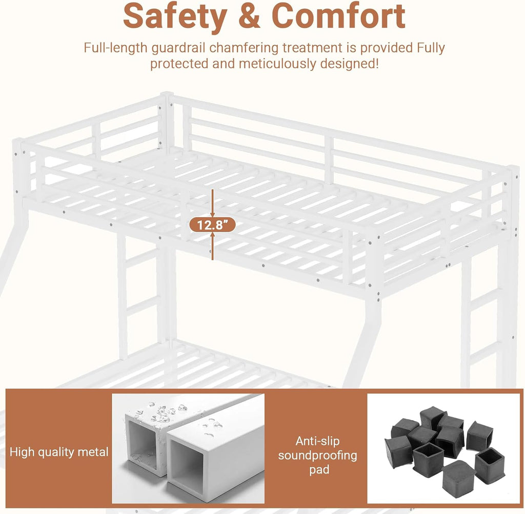 Twin XL Over Queen Bunk Bed Frame, Heavy Duty Metal Loft Bed for Adults/Teens, 350/600LB Capacity w/Ladder & Guardrail, Noise-Free Steel Slats, No Box Spring Required, White