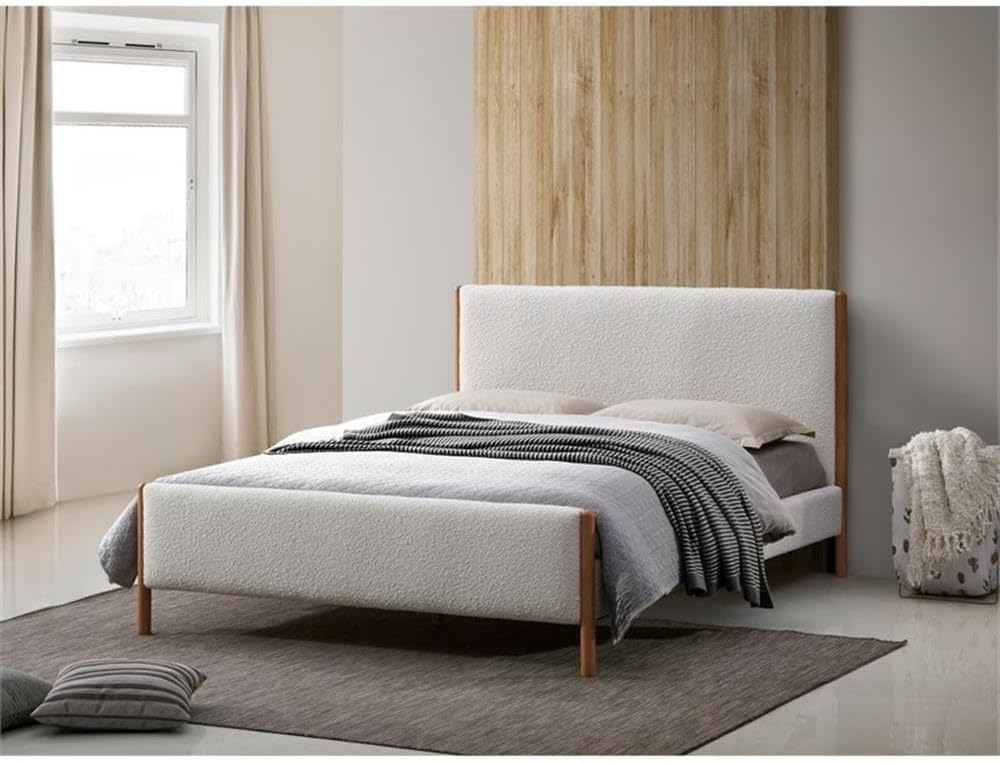 Liana Modern Style Upholstered Platform Bed with Soft Boucle Fabric and Solid Wood Legs - Box Spring Not Required - White Boucle, Queen Size