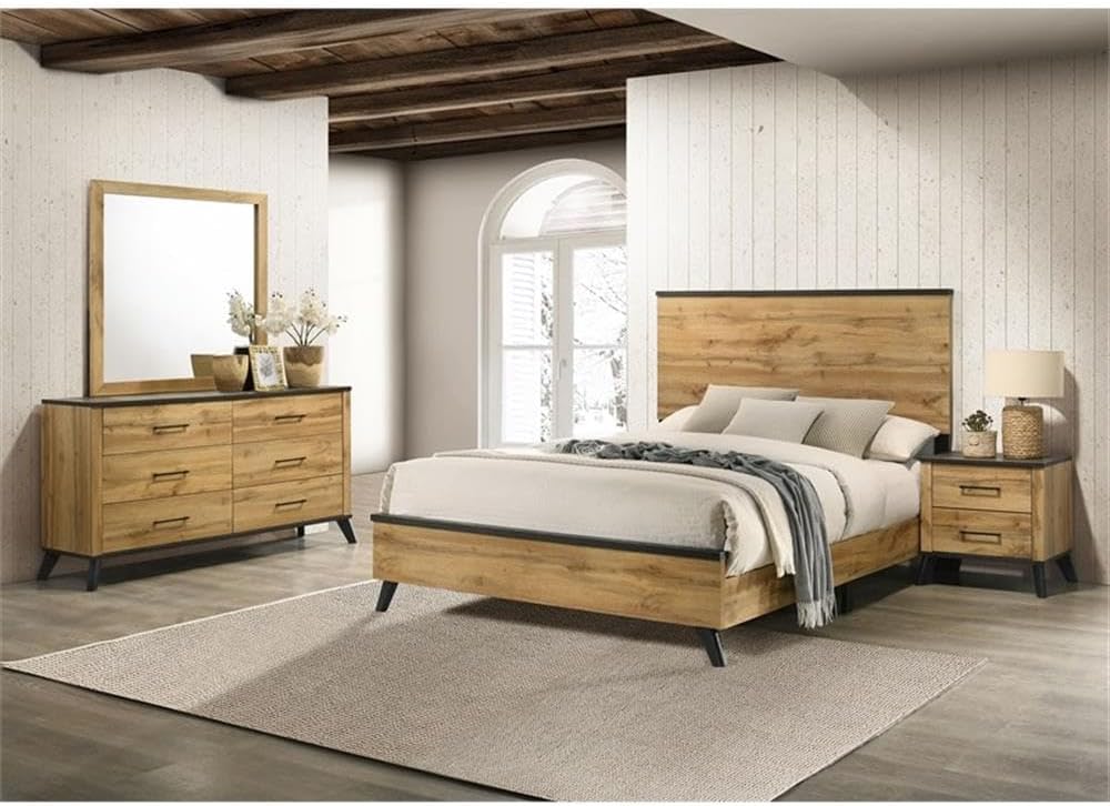 Pemberly Row 4-Piece Wood Full Bedroom Set, Natural Pine and Brown Finish, Mid-Century Modern Design, Includes Bed, Nightstand, Dresser, and Mirror, Durable Engineered Wood, Rustic Furniture for