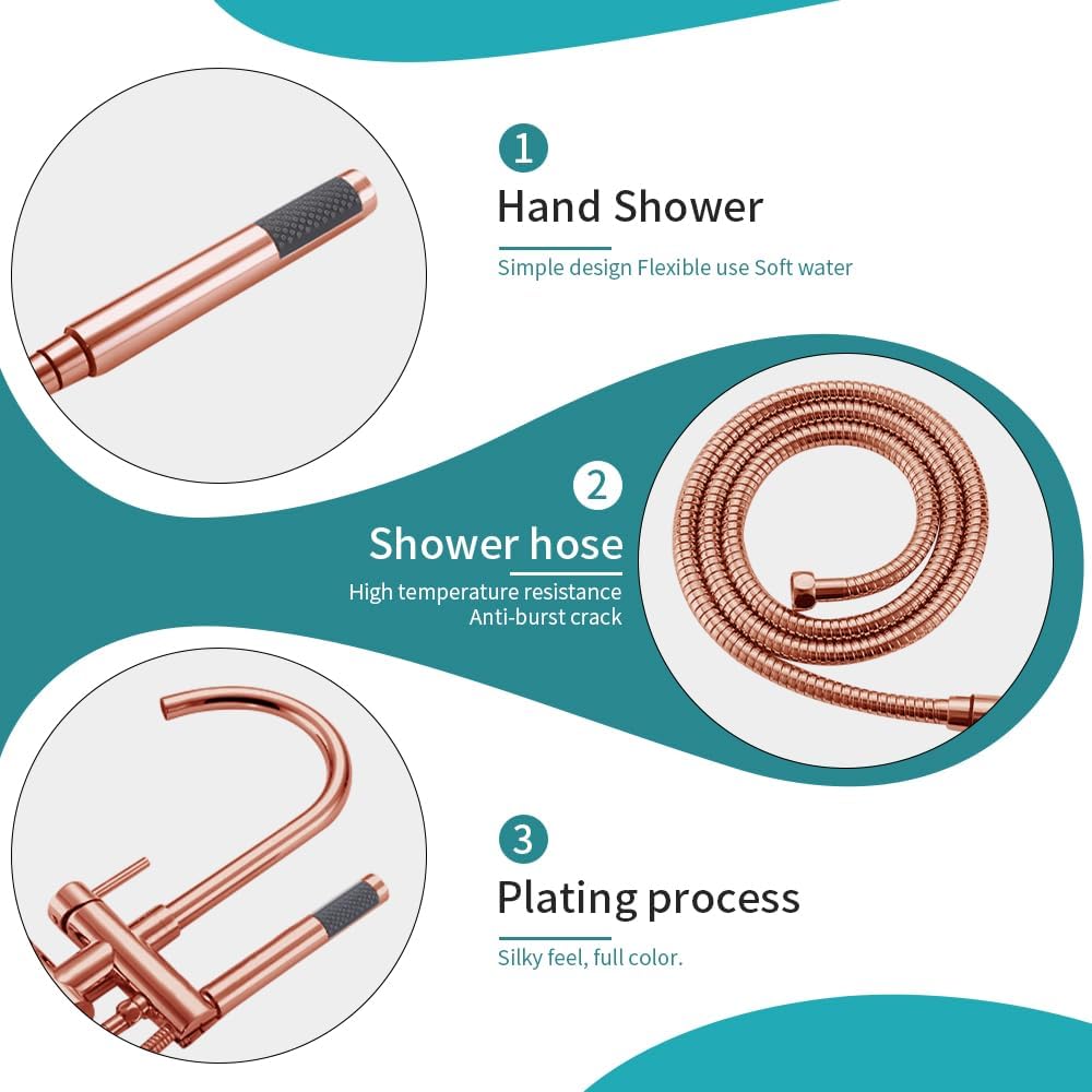 Floor Mount Bathtub Faucet, Freestanding Tub Filler, Standing Swivel Spout Shower Faucets Shower Mixer Taps with Cylinder Handheld Shower (Rose Gold, With Embedded Box)