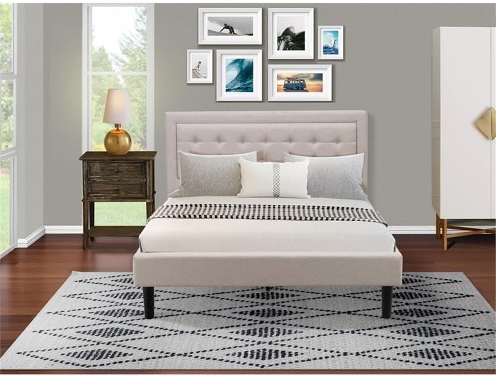 East West Furniture FN08Q-1VL07 2-Piece Fannin Bedroom Furniture Set with 1 Upholstered Bed and an End Table for Bedroom - Mist Beige Linen Fabric