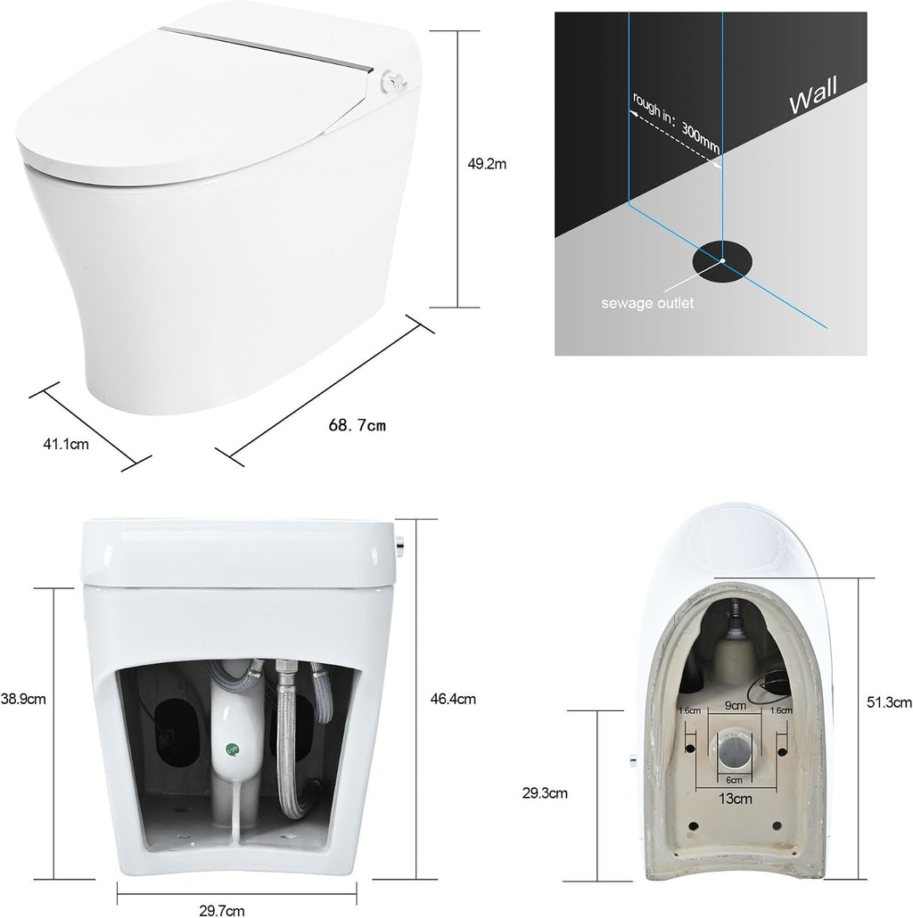 Merax Heated Seat Smart Toilet, Upmarket Compact Dual Flush, 1/1.28 GPF, Tankless, Adjustable Temp, Foot Sensor Flush, White Night Light, Knob Control, Power Out, White, Plastic, Glossy Finish